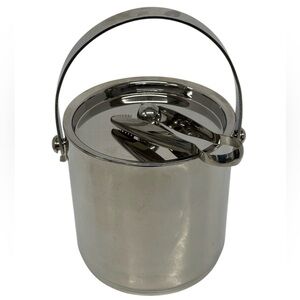 Pottery Barn "Swank" Double-Walled Polished Stainless Steel Ice Bucket Lid-Tongs